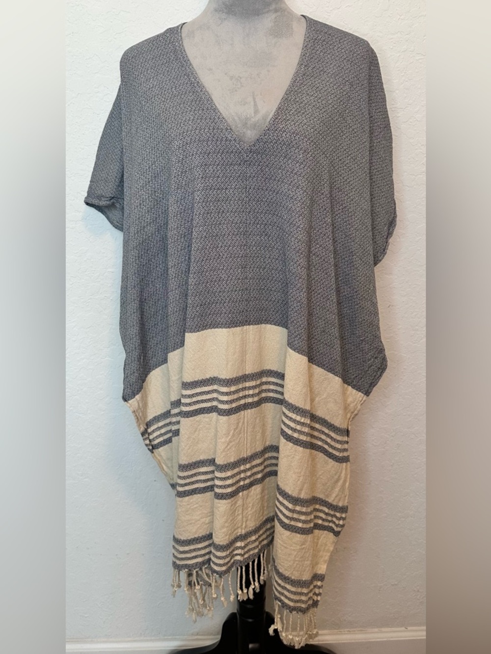 Tribe Alive Cotton Poncho Tunic Blue Cream Striped Fringe Boho Cover Up OS